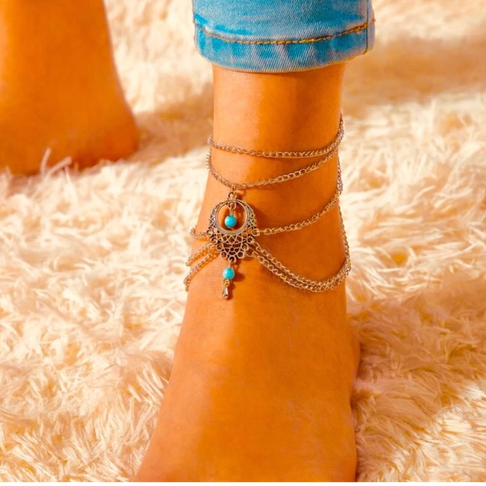 Gold Tone Layered Turquoise Ankle Bracelet